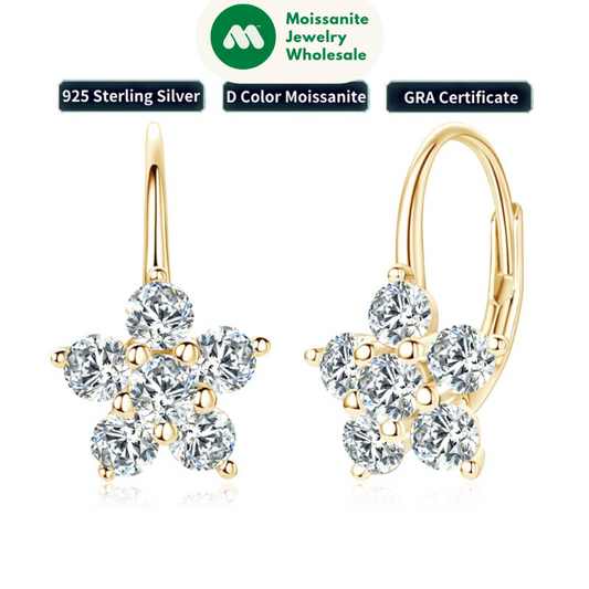 925 Sterling Silver Flowers Drop Earrings for Women Lovely Hoops Jewelry D0.60CT D Color Moissanite Round GRA Certificate