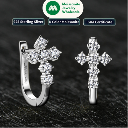 Cross Hoop Earrings 925 Silver 2.5mm Moissanite Huggie Earrings for Women Men Certified Faith Charm Jewelry Wedding Party Gift